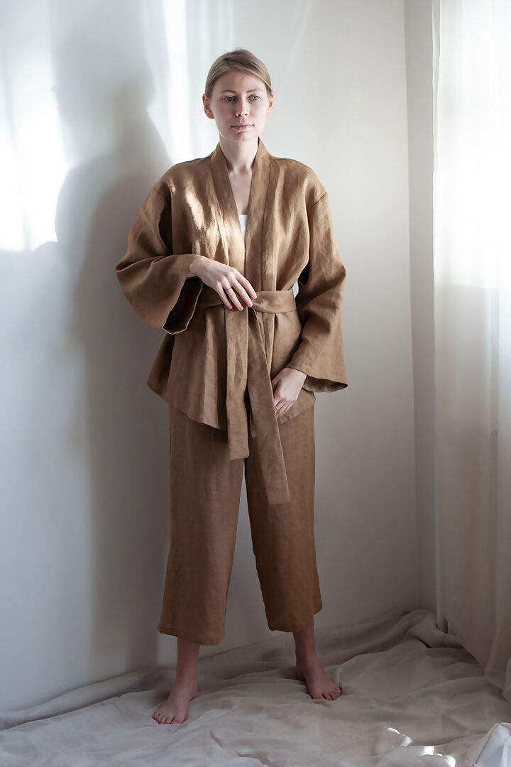 linen kimono set - Brown 2
