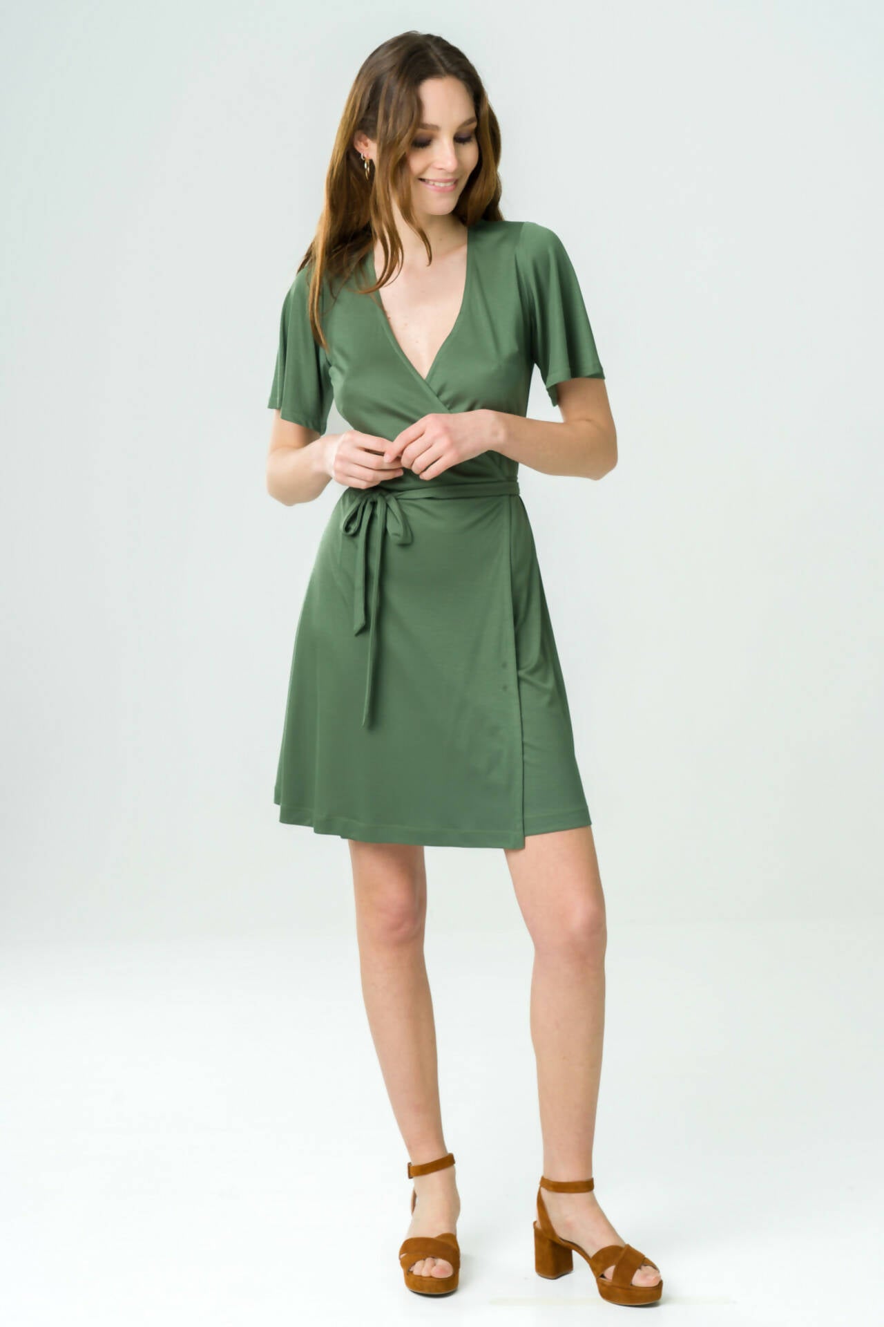Sustainable V-Neck Wrap-Over Dress - Acacia Green | UpHavin Sustainable V-Neck Wrap-Over Dress - Acacia Green | UpHavin